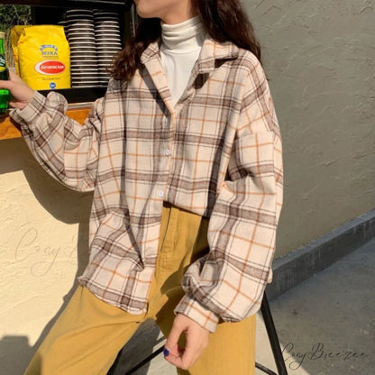 Turn-down Style Spring - Women’s Plaid Outwear Loose 4 Neckline Blouse Harajuku with Fit Batwing-sleeve - Colors