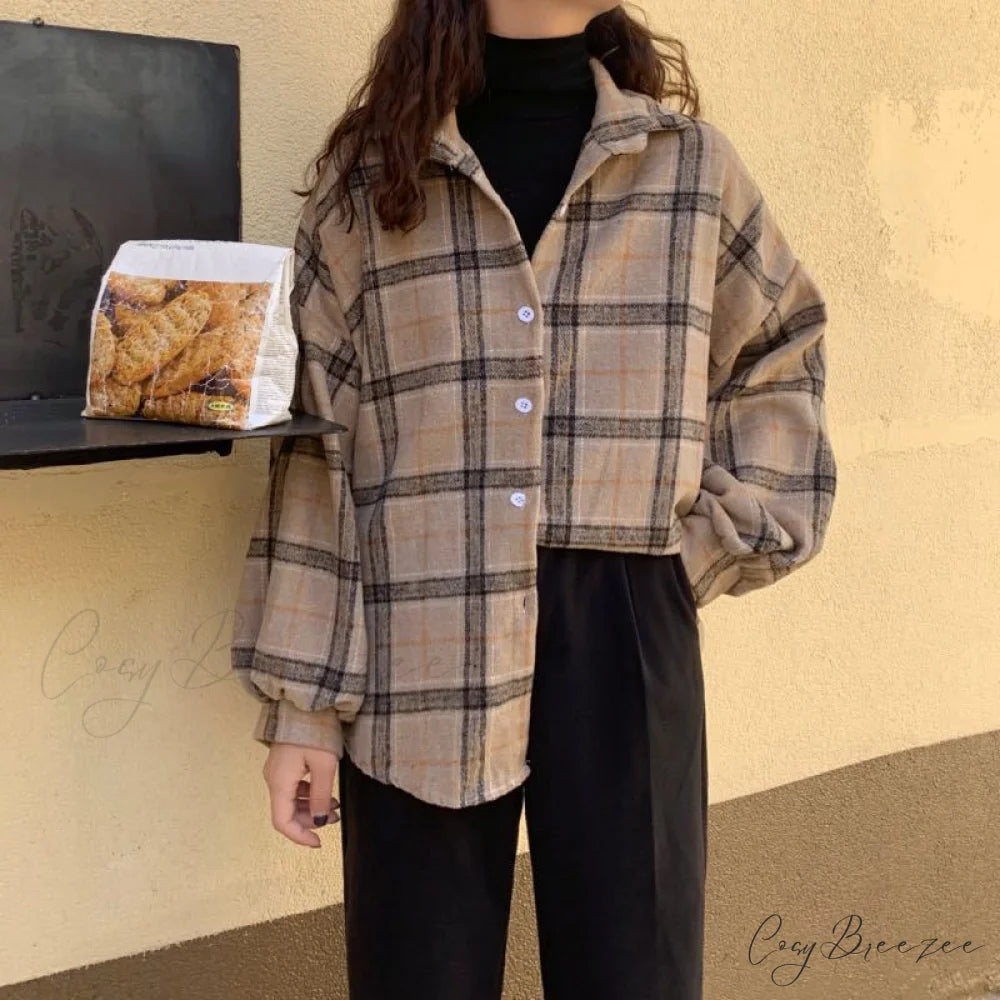 Turn-down Style Spring - Women’s Plaid Outwear Loose 4 Neckline Blouse Harajuku with Fit Batwing-sleeve - Colors