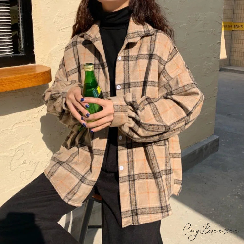 Turn-down Style Spring - Women’s Plaid Outwear Loose 4 Neckline Blouse Harajuku with Fit Batwing-sleeve - Colors