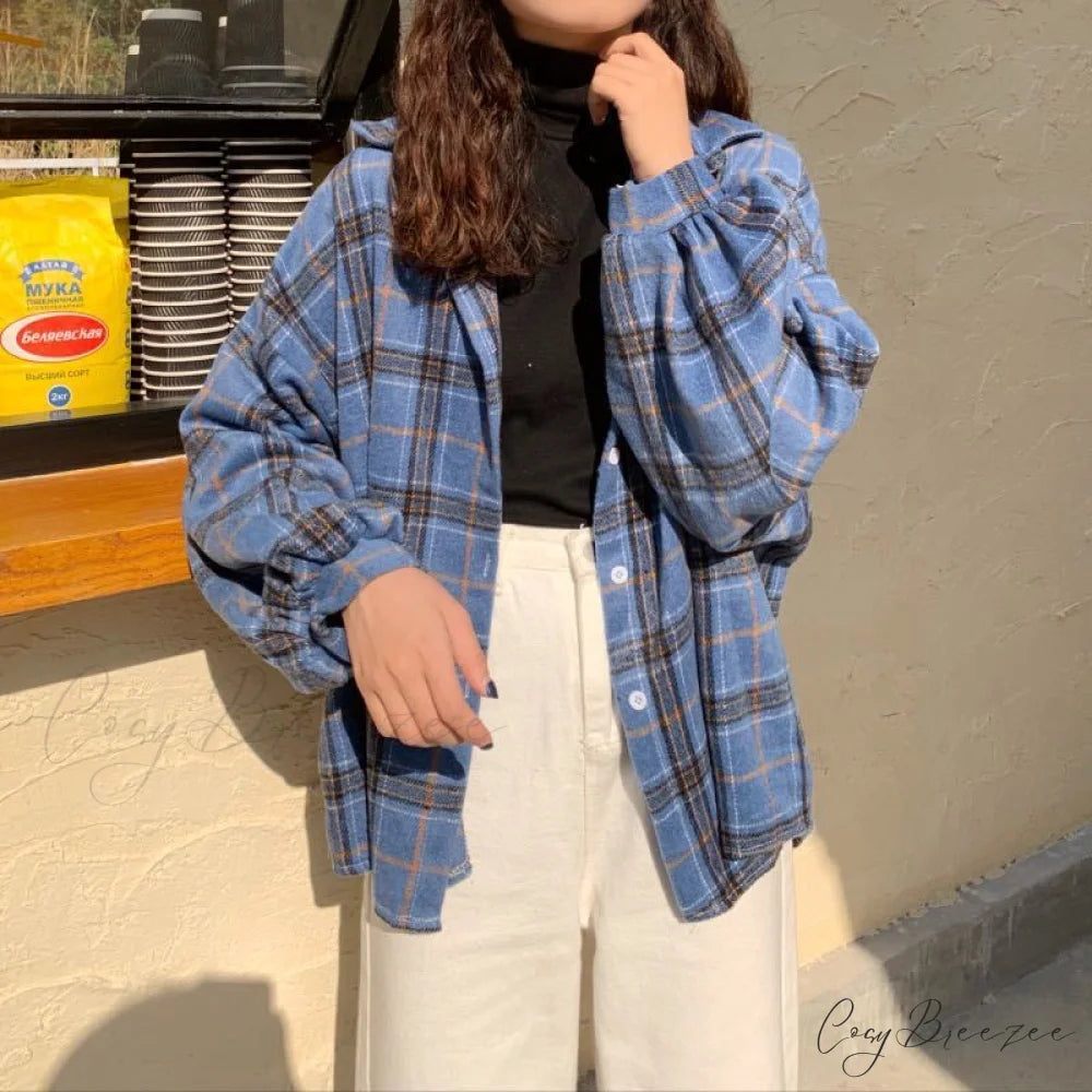 Turn-down Style Spring - Women’s Plaid Outwear Loose 4 Neckline Blouse Harajuku with Fit Batwing-sleeve - Colors
