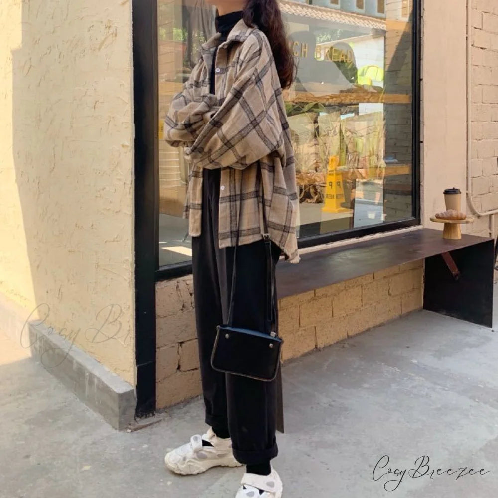 Turn-down Style Spring - Women’s Plaid Outwear Loose 4 Neckline Blouse Harajuku with Fit Batwing-sleeve - Colors