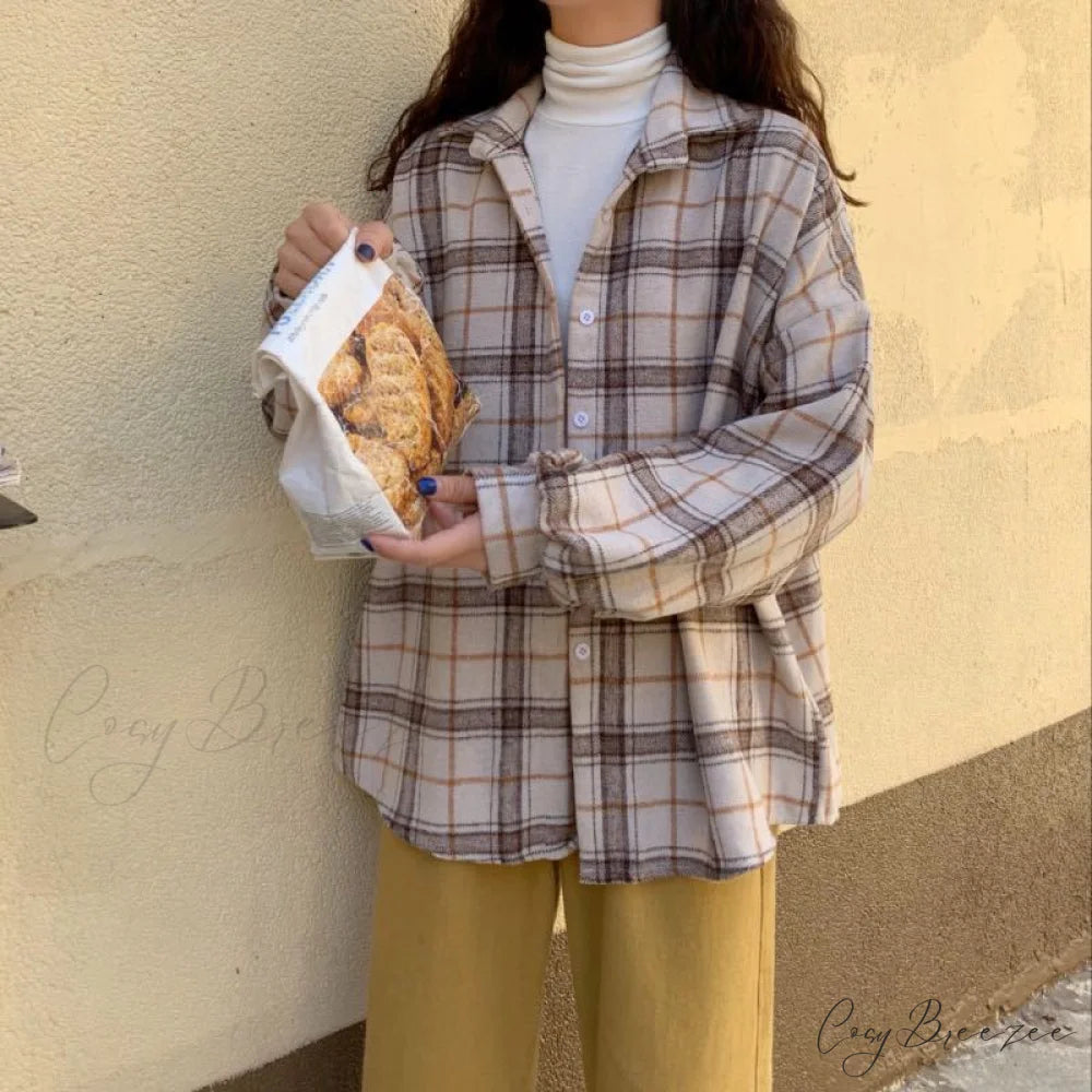 Turn-down Style Spring - Women’s Plaid Outwear Loose 4 Neckline Blouse Harajuku with Fit Batwing-sleeve - Colors