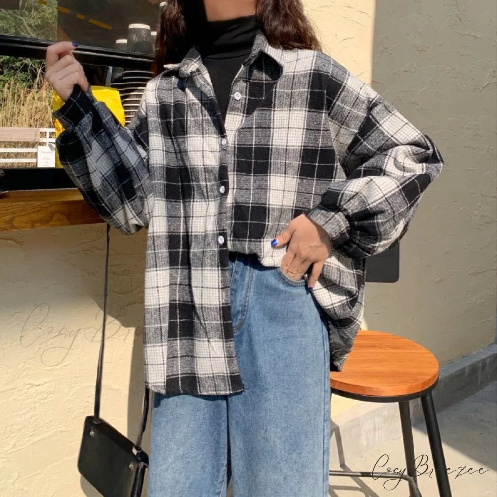 Turn-down Style Spring - Women’s Plaid Outwear Loose 4 Neckline Blouse Harajuku with Fit Batwing-sleeve - Colors