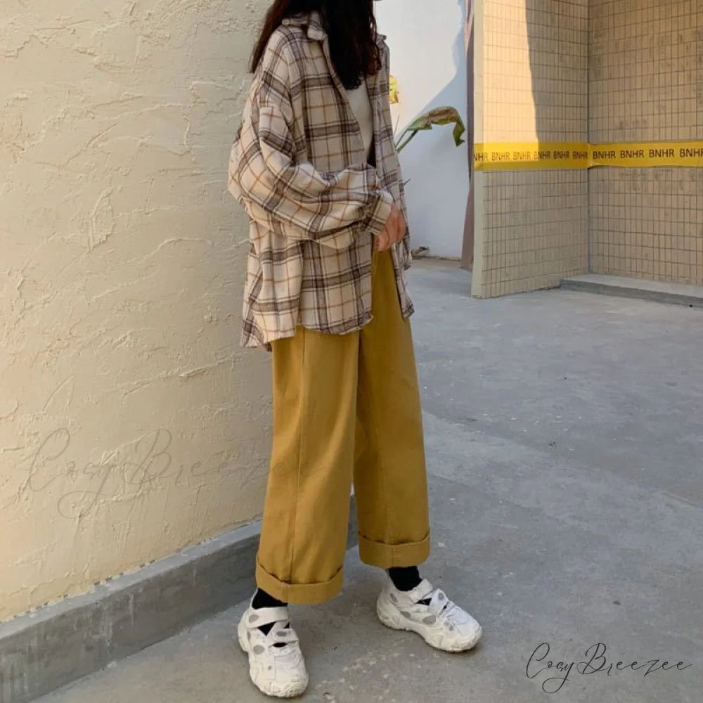 Turn-down Style Spring - Women’s Plaid Outwear Loose 4 Neckline Blouse Harajuku with Fit Batwing-sleeve - Colors