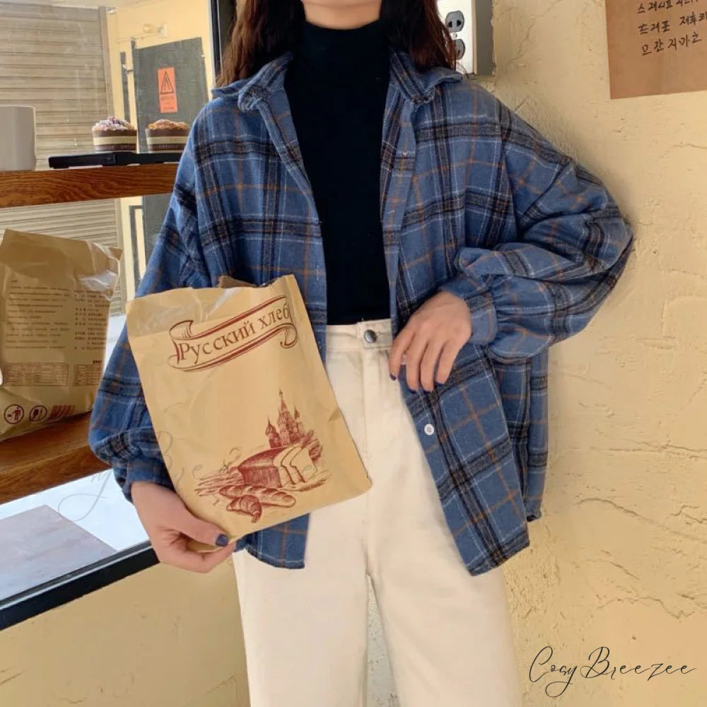 Turn-down Style Spring - Women’s Plaid Outwear Loose 4 Neckline Blouse Harajuku with Fit Batwing-sleeve - Colors