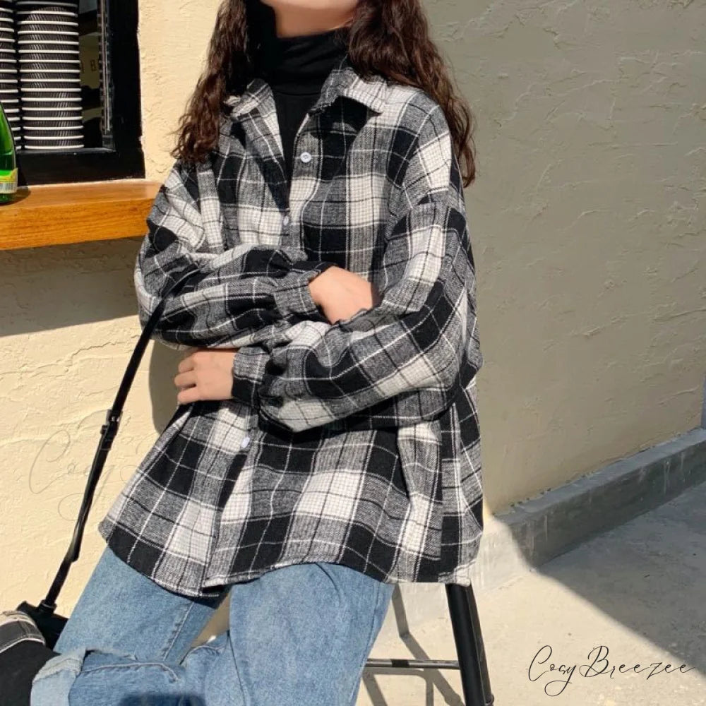 Turn-down Style Spring - Women’s Plaid Outwear Loose 4 Neckline Blouse Harajuku with Fit Batwing-sleeve - Colors