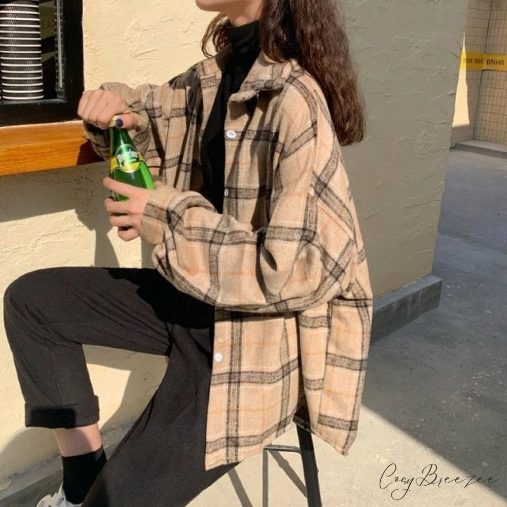 Turn-down Style Spring - Women’s Plaid Outwear Loose 4 Neckline Blouse Harajuku with Fit Batwing-sleeve - Colors XL