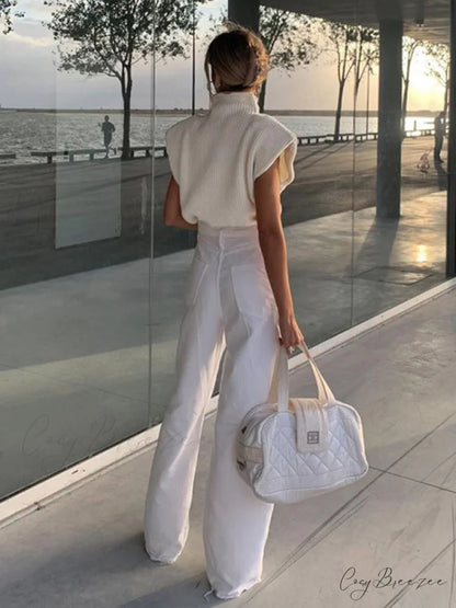 Turtleneck Color Solid Short-Sleeved Sweater Top