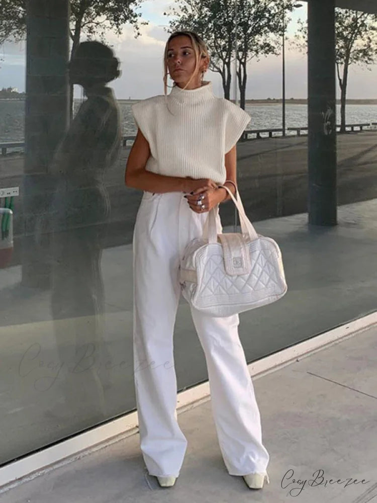 Turtleneck Color Solid Short-Sleeved Sweater Top