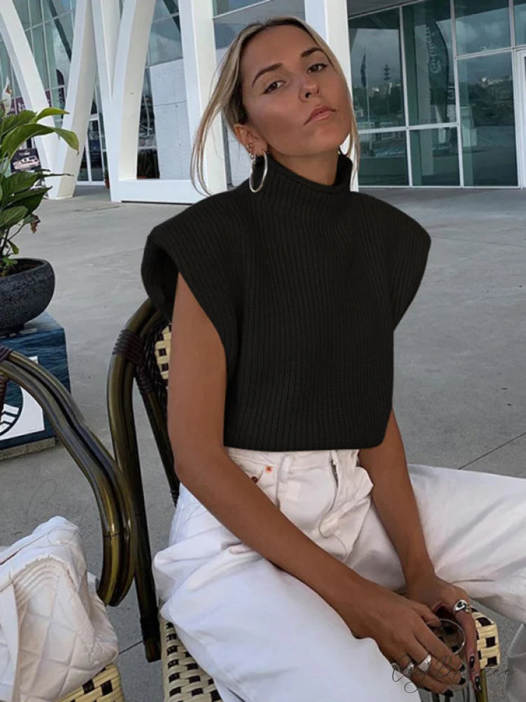 Turtleneck Color Solid Short-Sleeved Sweater Top Black / S
