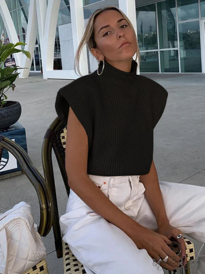Turtleneck Color Solid Short-Sleeved Sweater Top Black / S