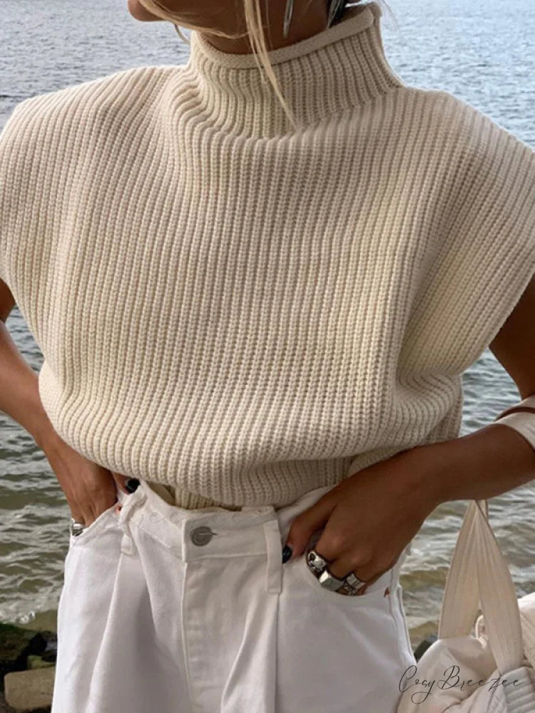 Turtleneck Color Solid Short-Sleeved Sweater Top Cracker khaki / S