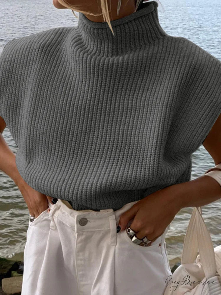 Turtleneck Color Solid Short-Sleeved Sweater Top Grey / S