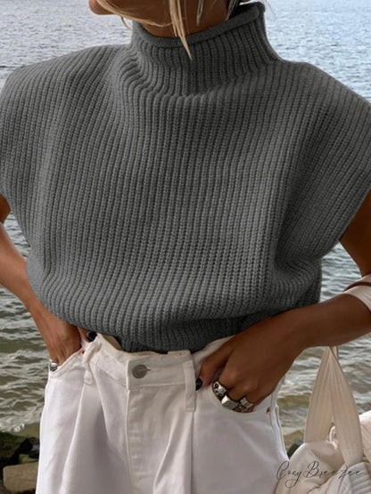 Turtleneck Color Solid Short-Sleeved Sweater Top Grey / S