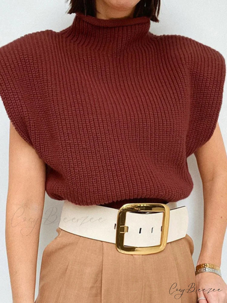 Turtleneck Color Solid Short-Sleeved Sweater Top Wine Red / S