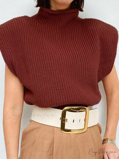 Turtleneck Color Solid Short-Sleeved Sweater Top Wine Red / S