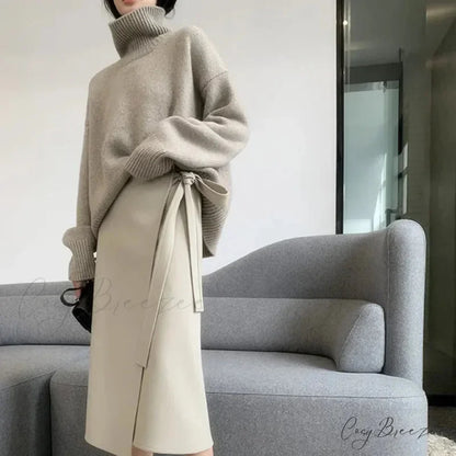 Turtleneck Elegant Gray Red Sweater swraters-241228