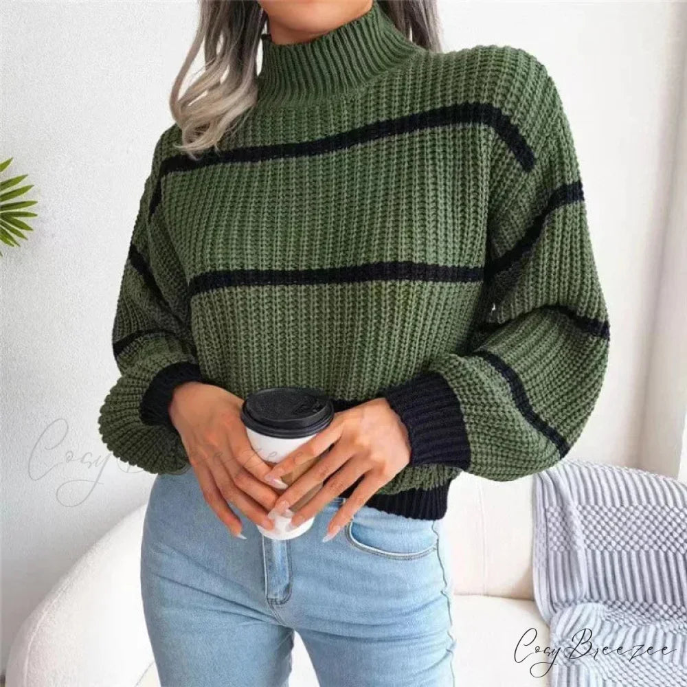 Turtleneck Lantern Sleeve Elegant Sweater Green / One Size swraters-241228