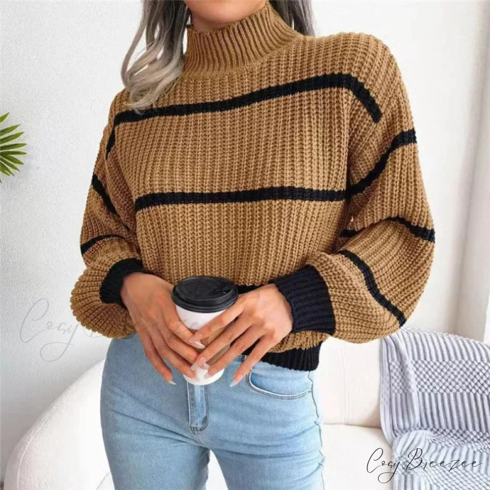 Turtleneck Lantern Sleeve Elegant Sweater khaki / One Size swraters-241228