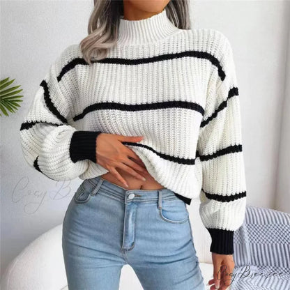 Turtleneck Lantern Sleeve Elegant Sweater White / One Size swraters-241228