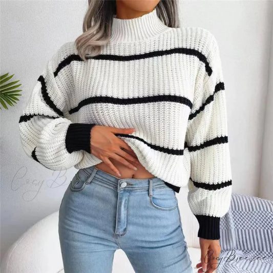 Turtleneck Lantern Sleeve Elegant Sweater White / One Size swraters-241228
