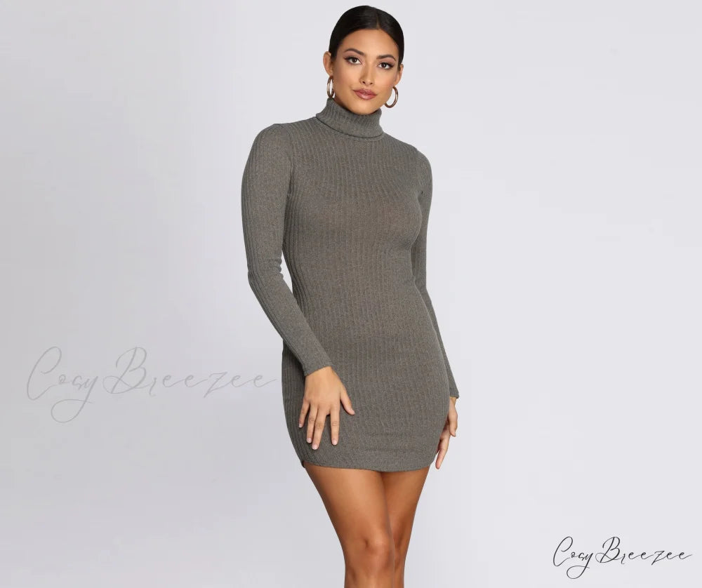 Turtleneck Long Sleeve Charming Ribbed Knit Mini Dress OLIVE / XS
