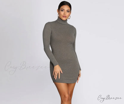 Turtleneck Long Sleeve Charming Ribbed Knit Mini Dress OLIVE / XS