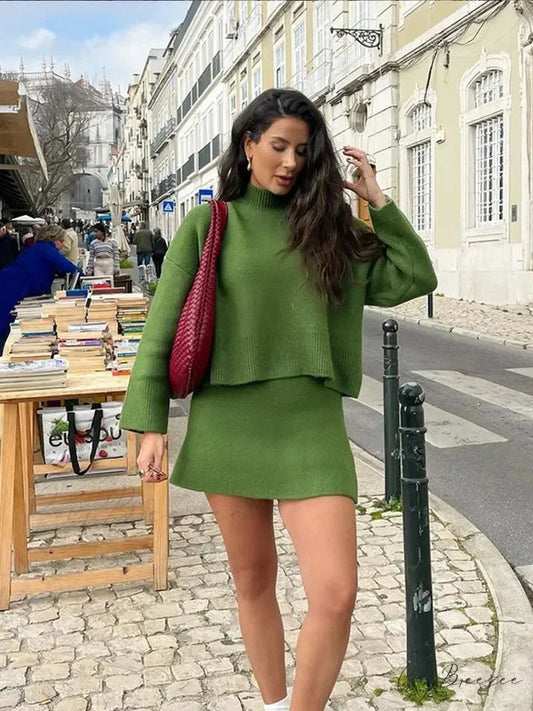Turtleneck Long Sleeve Skirt Sweater green Skirt / S swraters-241228