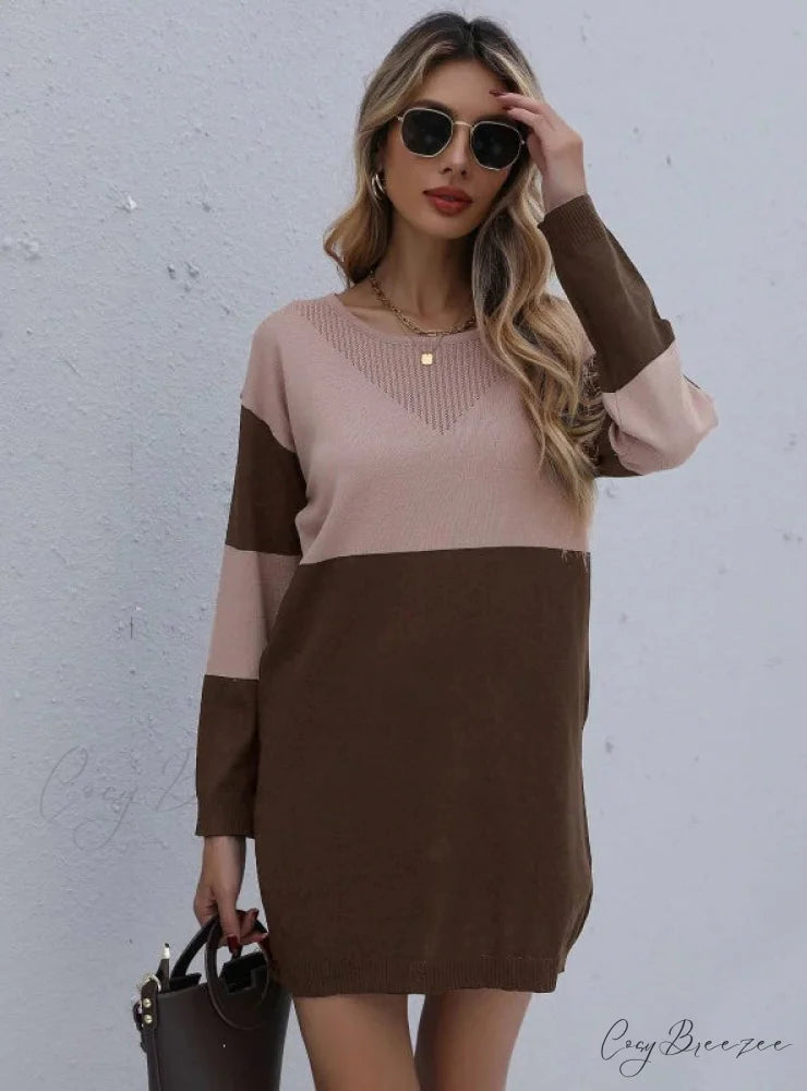 Turtleneck Loose Knit Stitching Sweater Dress M / gray