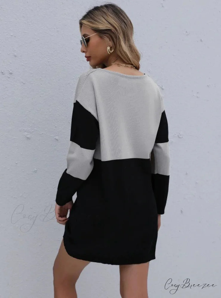 Turtleneck Loose Knit Stitching Sweater Dress S / brown
