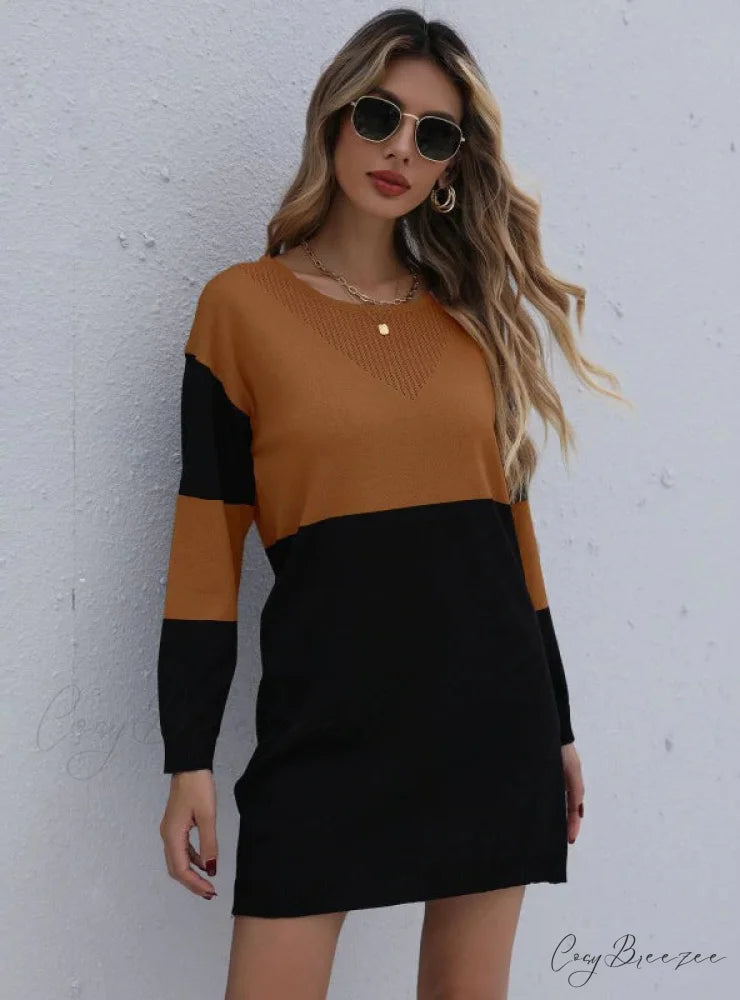 Turtleneck Loose Knit Stitching Sweater Dress S / PINK