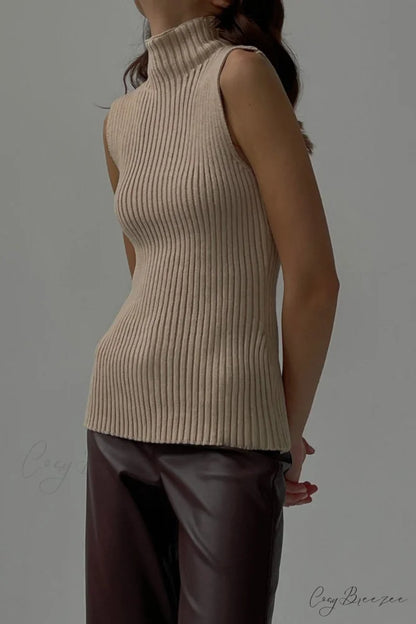 Turtleneck Ribbed Sleeveless Knit Sweater Camel / L