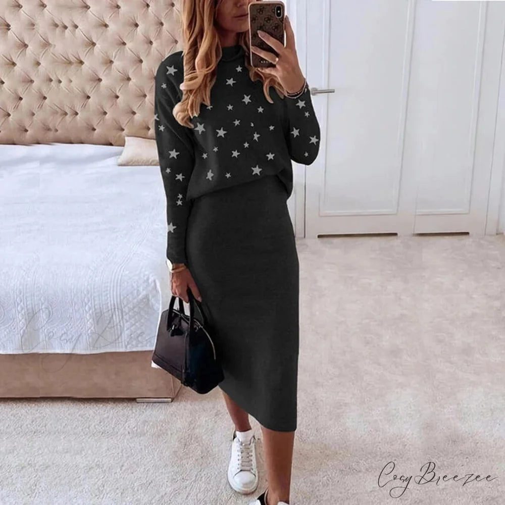 Turtleneck Set Elegant Slim Sweatshirt Skirt and for Design Stars Women black / S