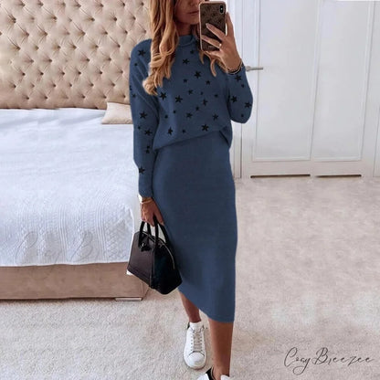 Turtleneck Set Elegant Slim Sweatshirt Skirt and for Design Stars Women Blue / S