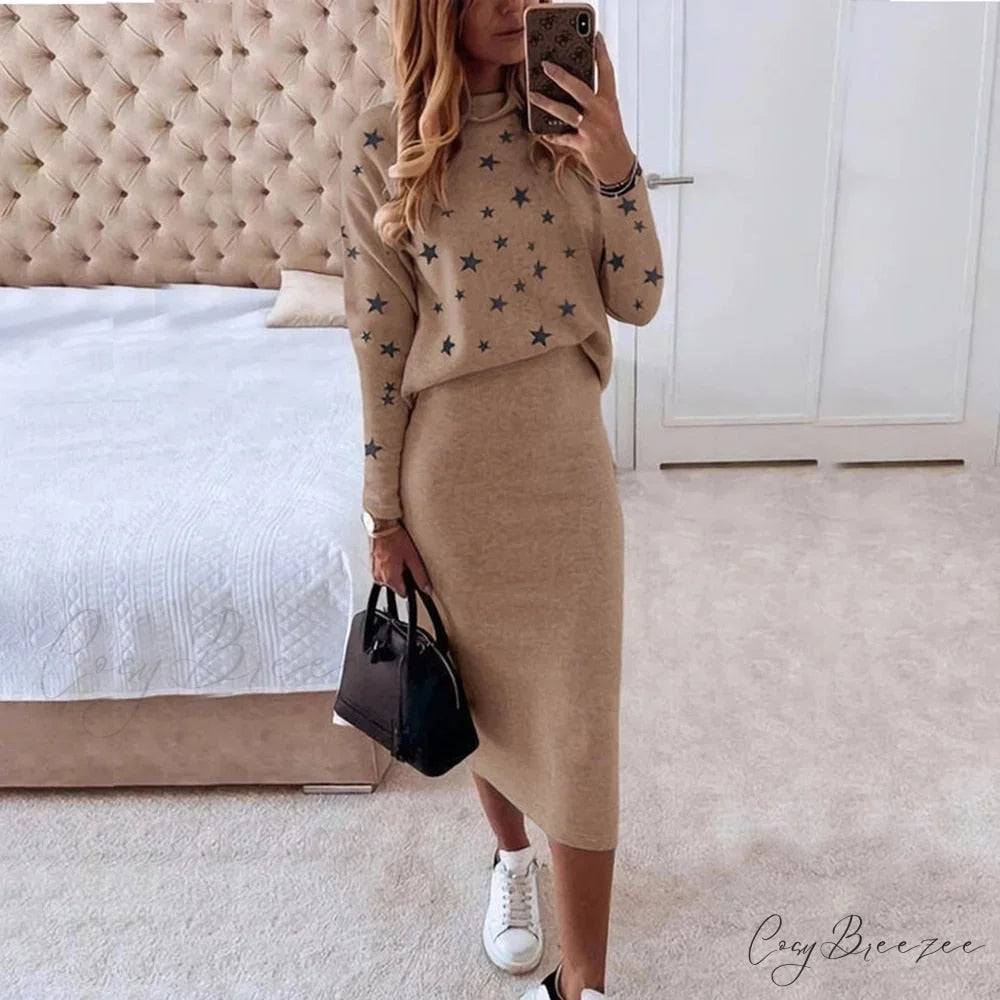 Turtleneck Set Elegant Slim Sweatshirt Skirt and for Design Stars Women Brown / S