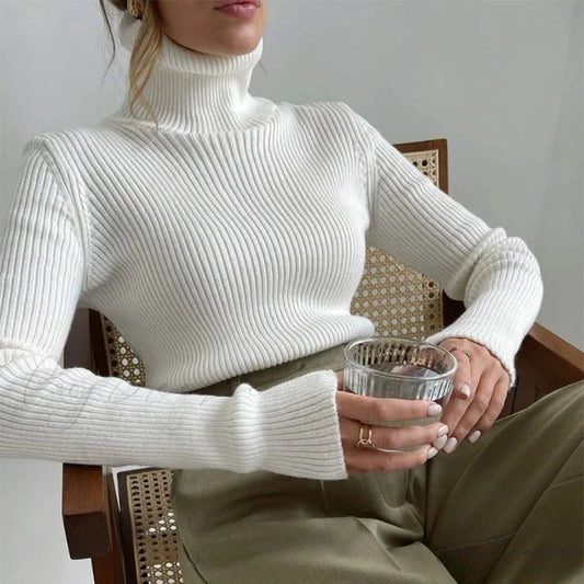 Turtleneck Slim Pullover Long Sleeve Sweater WHITE / M swraters-241228