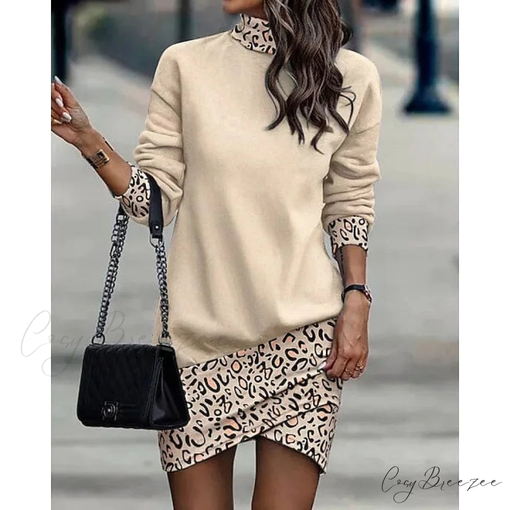 Turtleneck Sweatshirt Dress for Women Beige / S