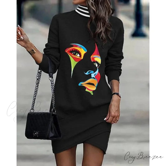 Turtleneck Sweatshirt Dress for Women Black / S