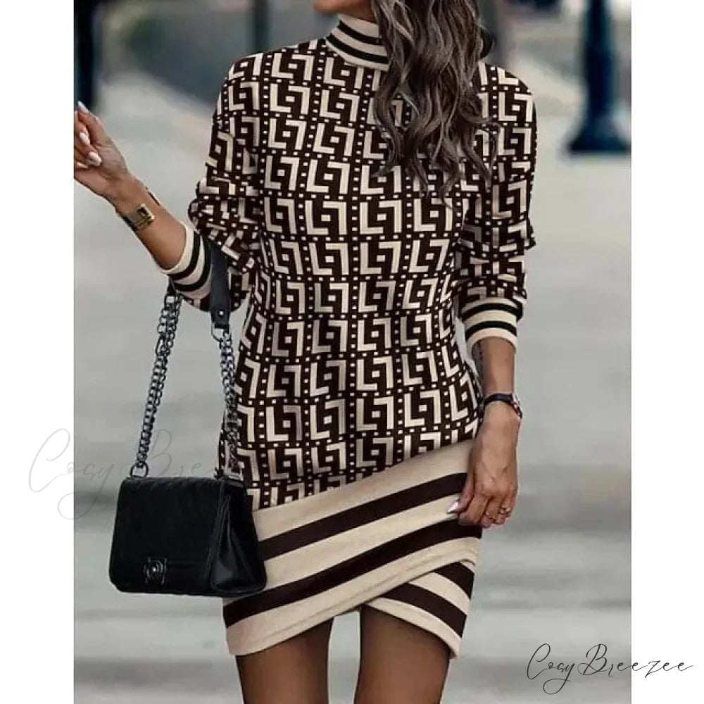 Turtleneck Sweatshirt Dress for Women Khaki / S