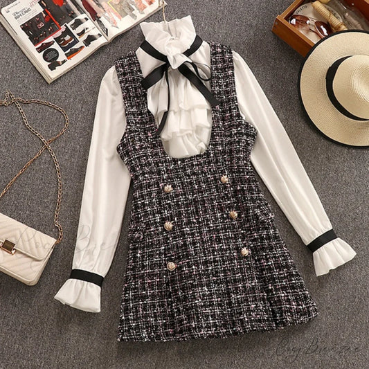 Tweed Elegant Gown Plaid + Chiffon Bow Top Double Breasted Vest Ruffles Blouse Set dress and top / S