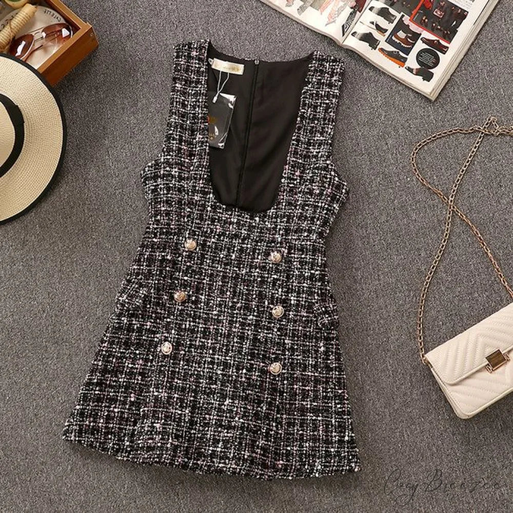 Tweed Elegant Gown Plaid + Chiffon Bow Top Double Breasted Vest Ruffles Blouse Set dress only / S