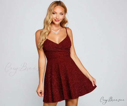 Twirl And Glow Charming Glitter Skater Dress WINE / XS