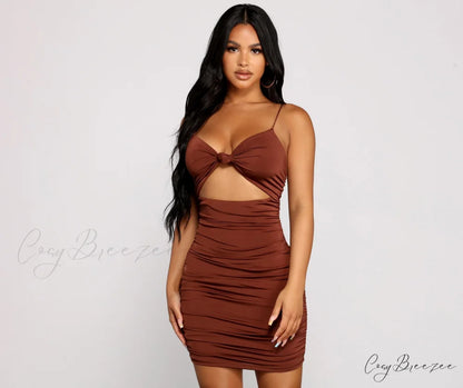 Twist And Pose Charming Ruched Mini Dress BROWN / XS