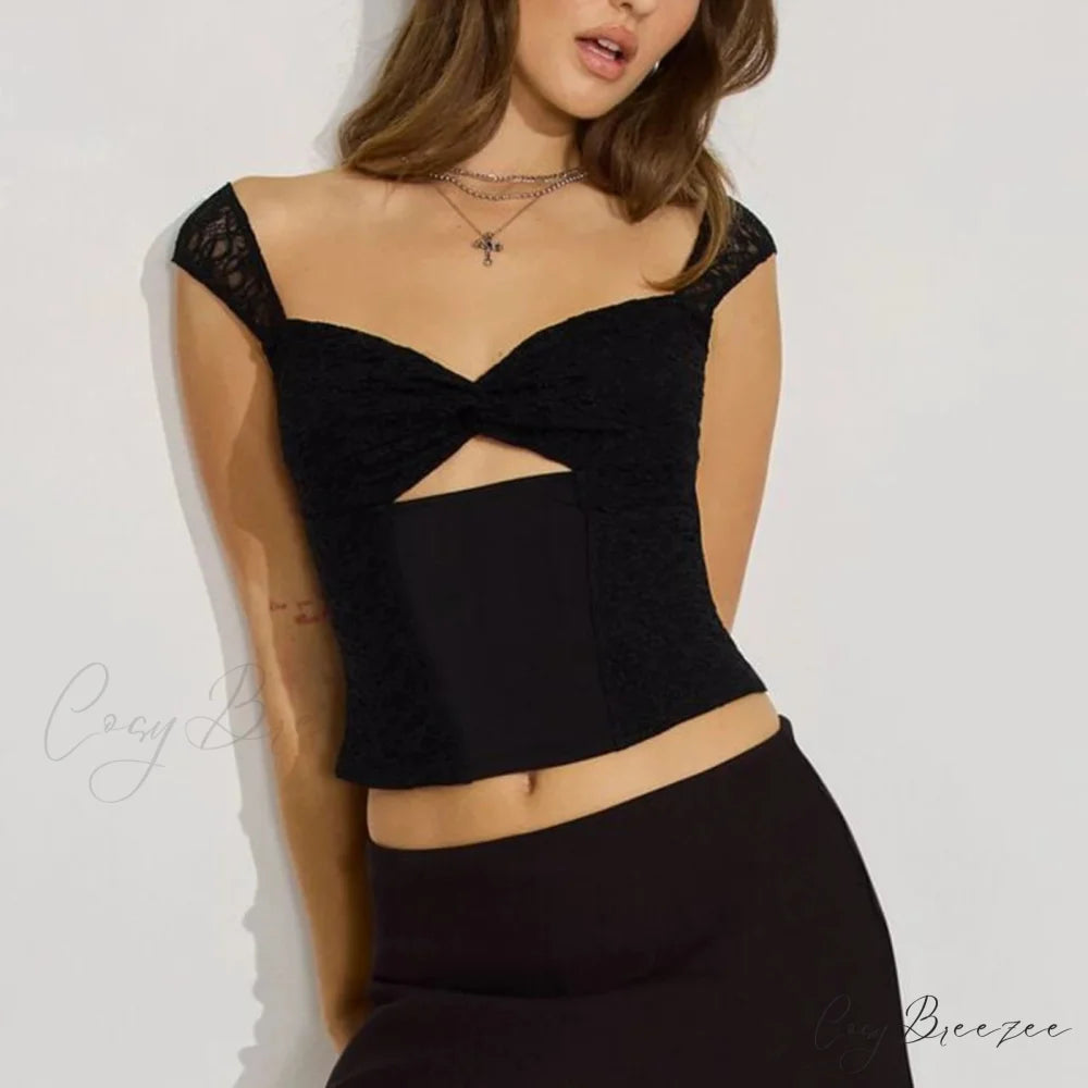 Twist Front Lace Flower Crop Top black / S croptop-250223