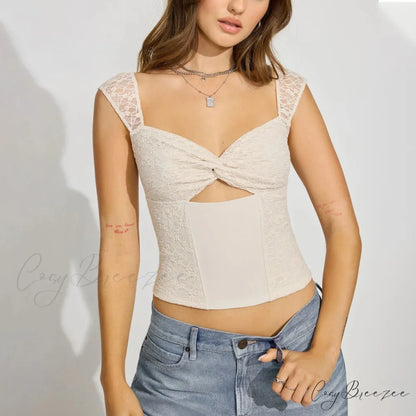 Twist Front Lace Flower Crop Top white / S croptop-250223