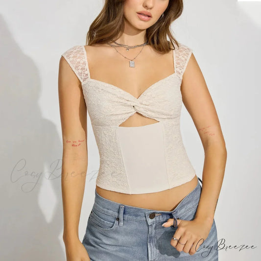 Twist Front Lace Flower Crop Top white / S croptop-250223