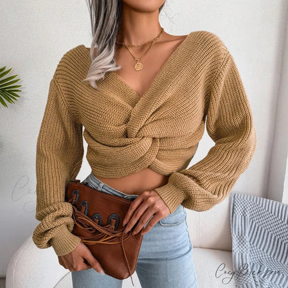Twist Front V-neck Crop Sweater khaki / S swraters-241228