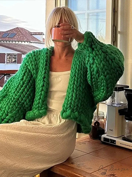 Twist Knitted Solid Casual Cardigan Green / S