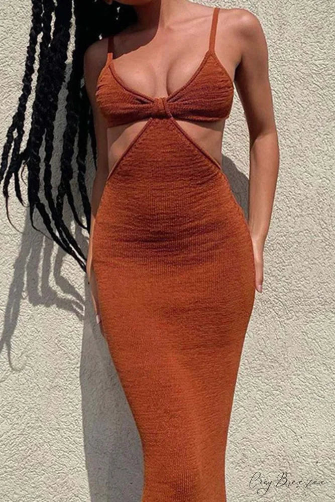 Twisted-front Backless Knit Cami Dress with Cutout Brown / S