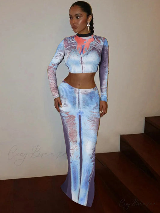 Two Long Women’s Neck Long Arm O Piece Skirt Patterned Set: Autumn Fashion T-shirt and Suit